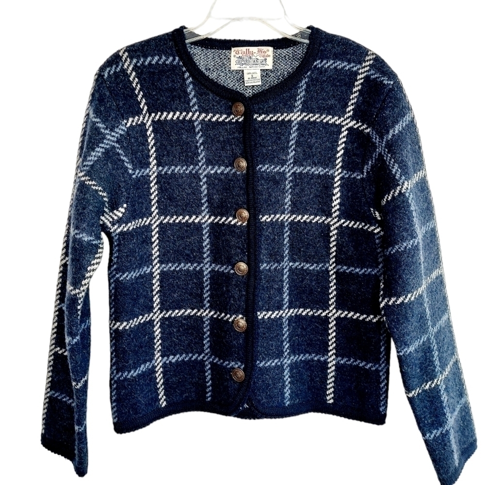 VTG Tally Ho 100% Wool Button Cardigan Sweater Blue Small Made in Hong Kong EUC